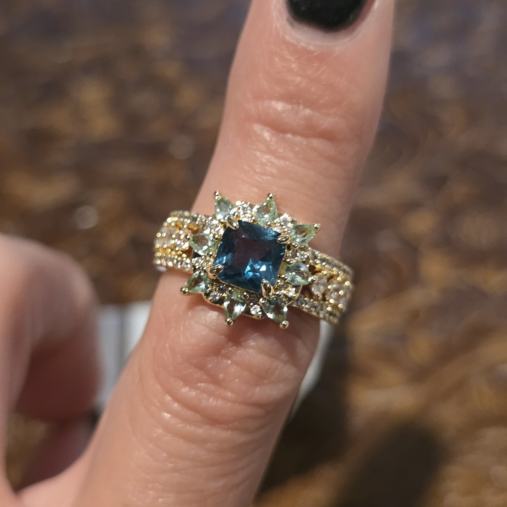 BP Bomb Party Gold Ring 5 Paraiba Tourmaline Blue Center Stone, Green Accent